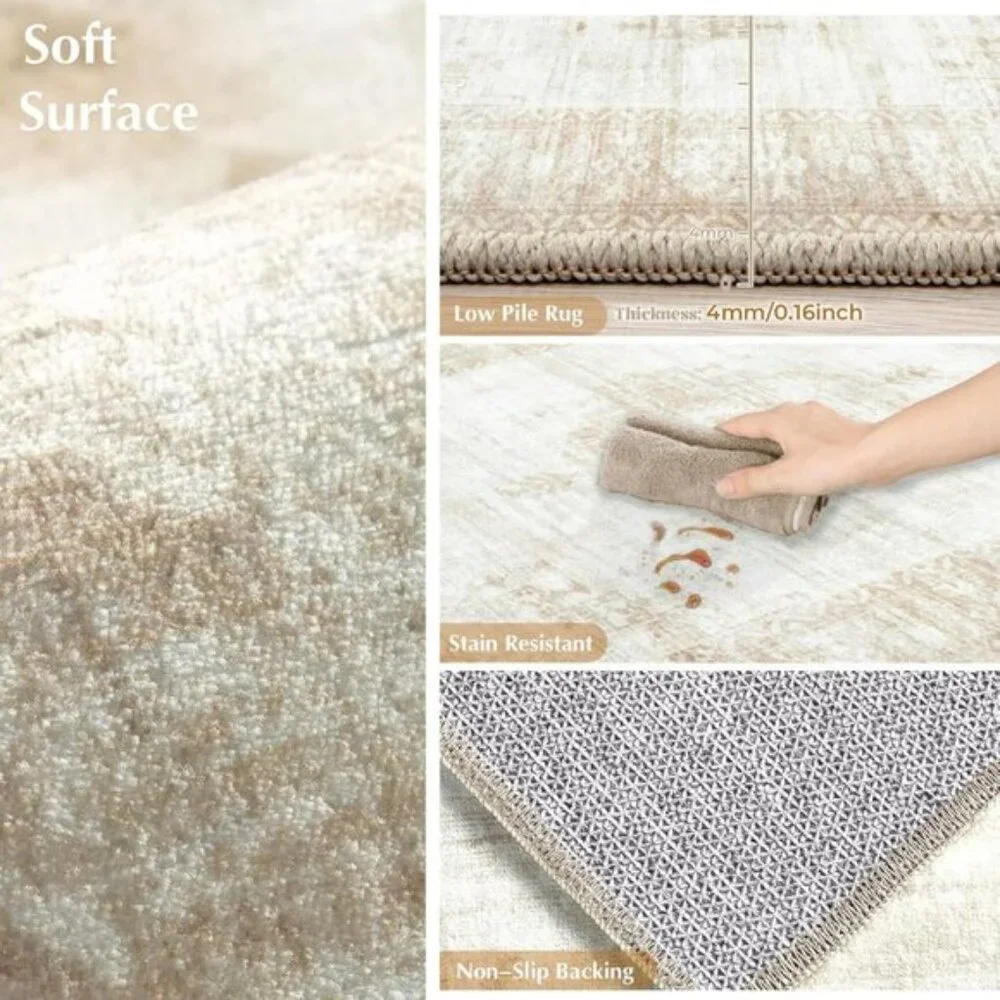 New 5x7 Beige Vintage Area Rug, Washable Boho Non-Slip Carpet for Living Room